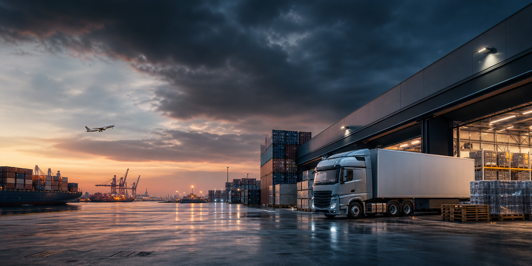 Modern logistics yard with freight vehicles and cargo operations